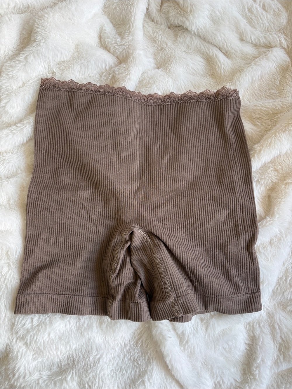 PrettyLittleThing Brown Ribbed High-Waist Bike Shorts